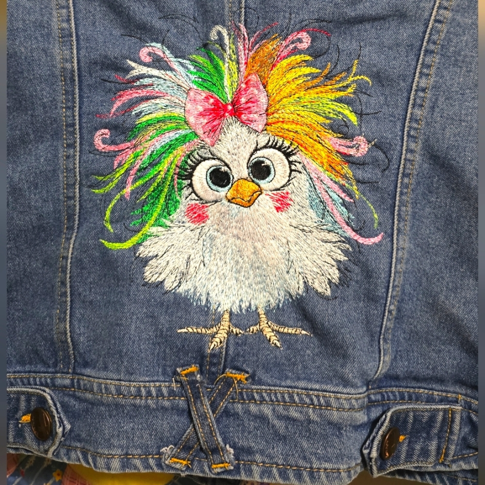 Womens Embroidered Denim Jacket with Colorful Bird Design-repurposed